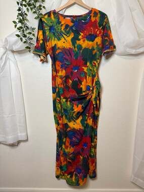 Vintage California Gold Rush Floral Abstract Print Faux Wrap Midi Dress Derby